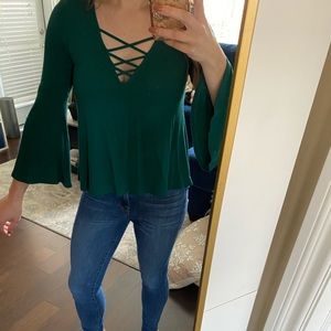 Green flowy top with criss cross front details